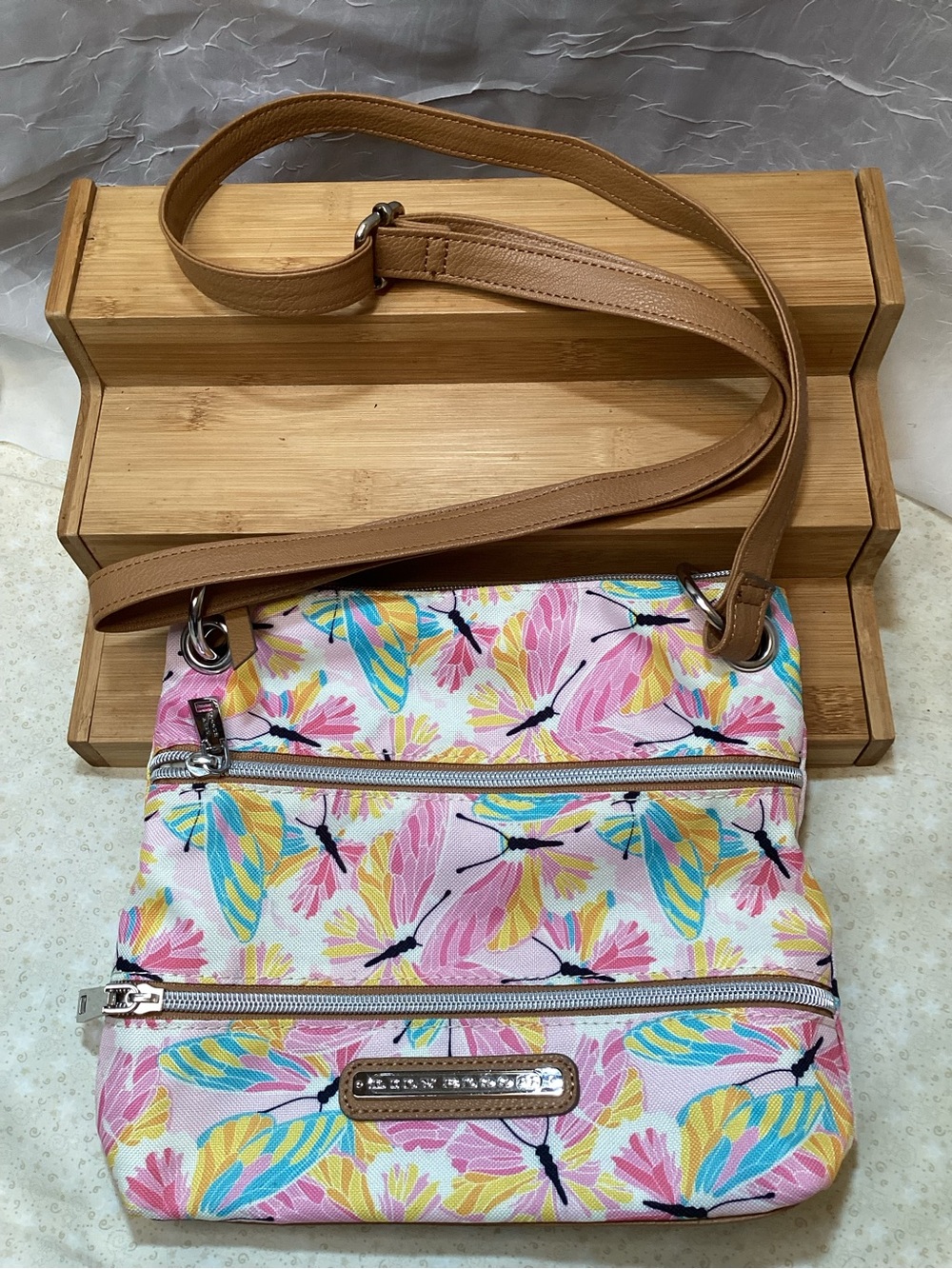 Lily Bloom Pink Floral & Butterfly Crossbody Tan Strap Adjustable Lightweight